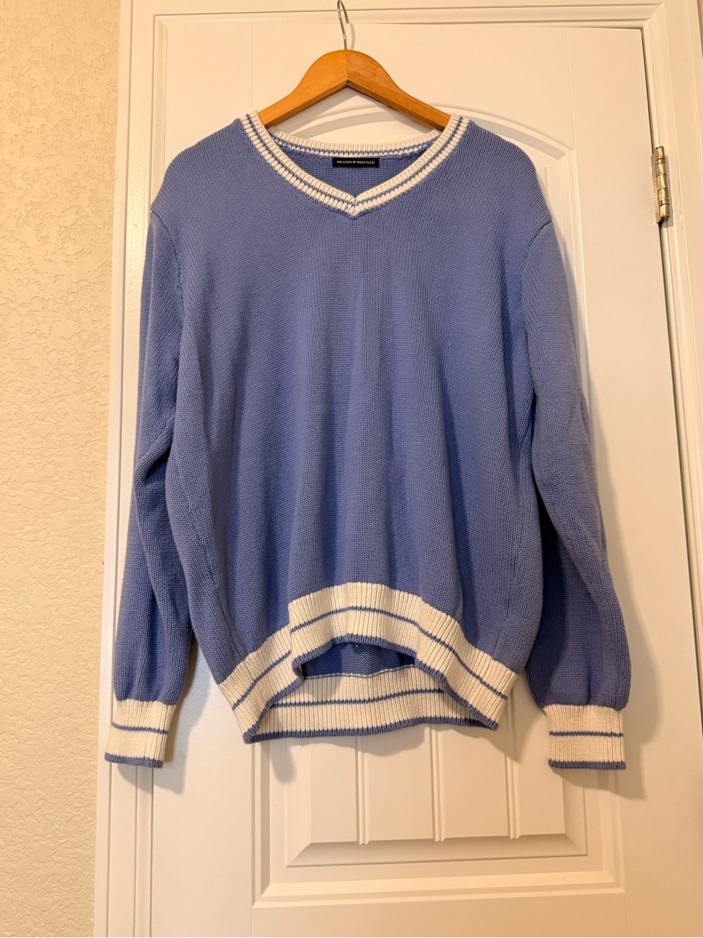 Brandy Melville Blue V Neck Varsity Sweater Oversized Preppy Tenniscore Knit Top